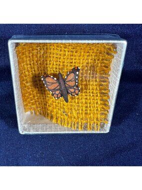 Decorative Monarch Butterfly Display In Acrylic Case With Rustic Yellow Burlap B